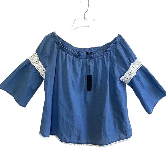 Joe’s Jeans Off The Shoulder Blue Chambray Blouse Crochet Trim Size Small - Picture 2 of 10